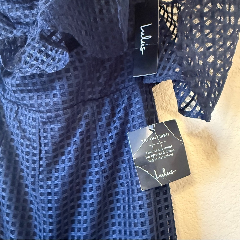 Lulu Off the Charts Navy Blue Grid Print Mesh One-Shoulder Jumpsuit - Picture 8 of 9